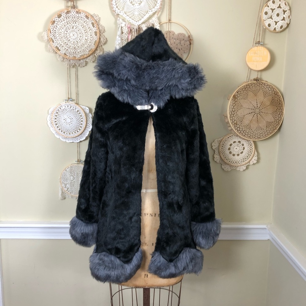 Faux fur furry Fuzzy black Grey coat with hood S